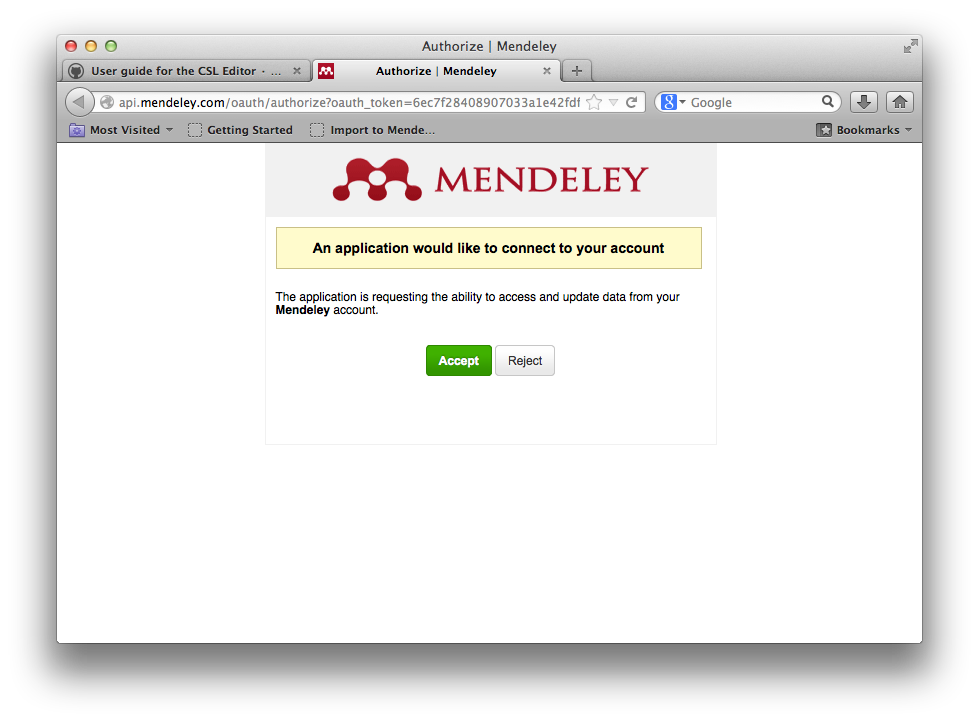 Logging into the editor with your Mendeley account