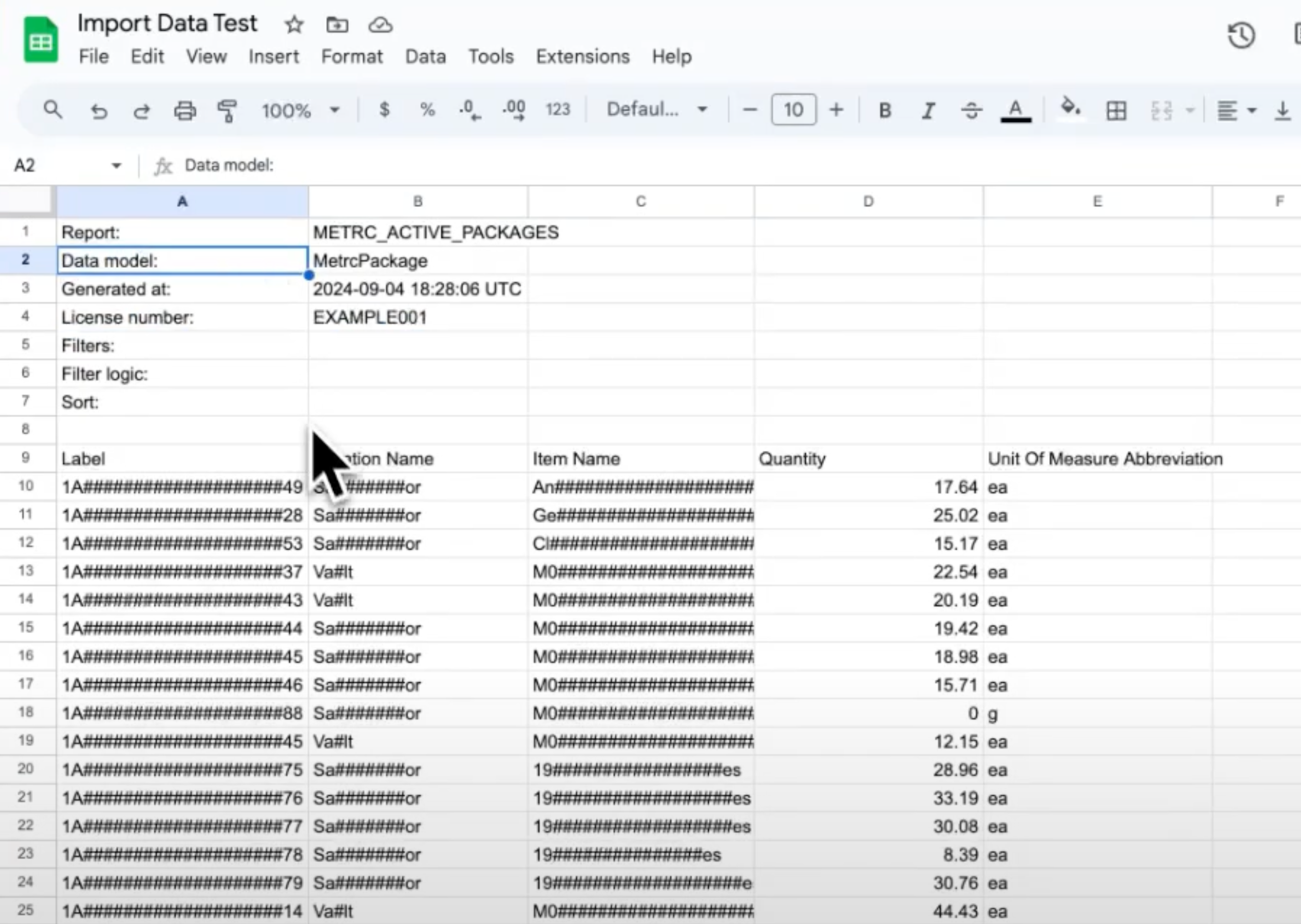 Example spreadsheet output