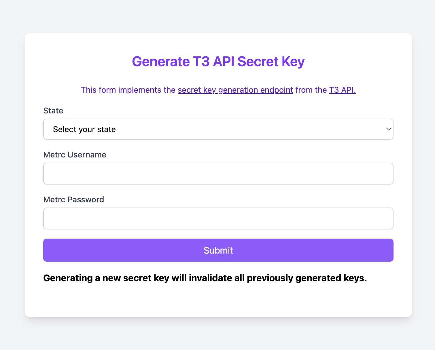 Secret key generation interface