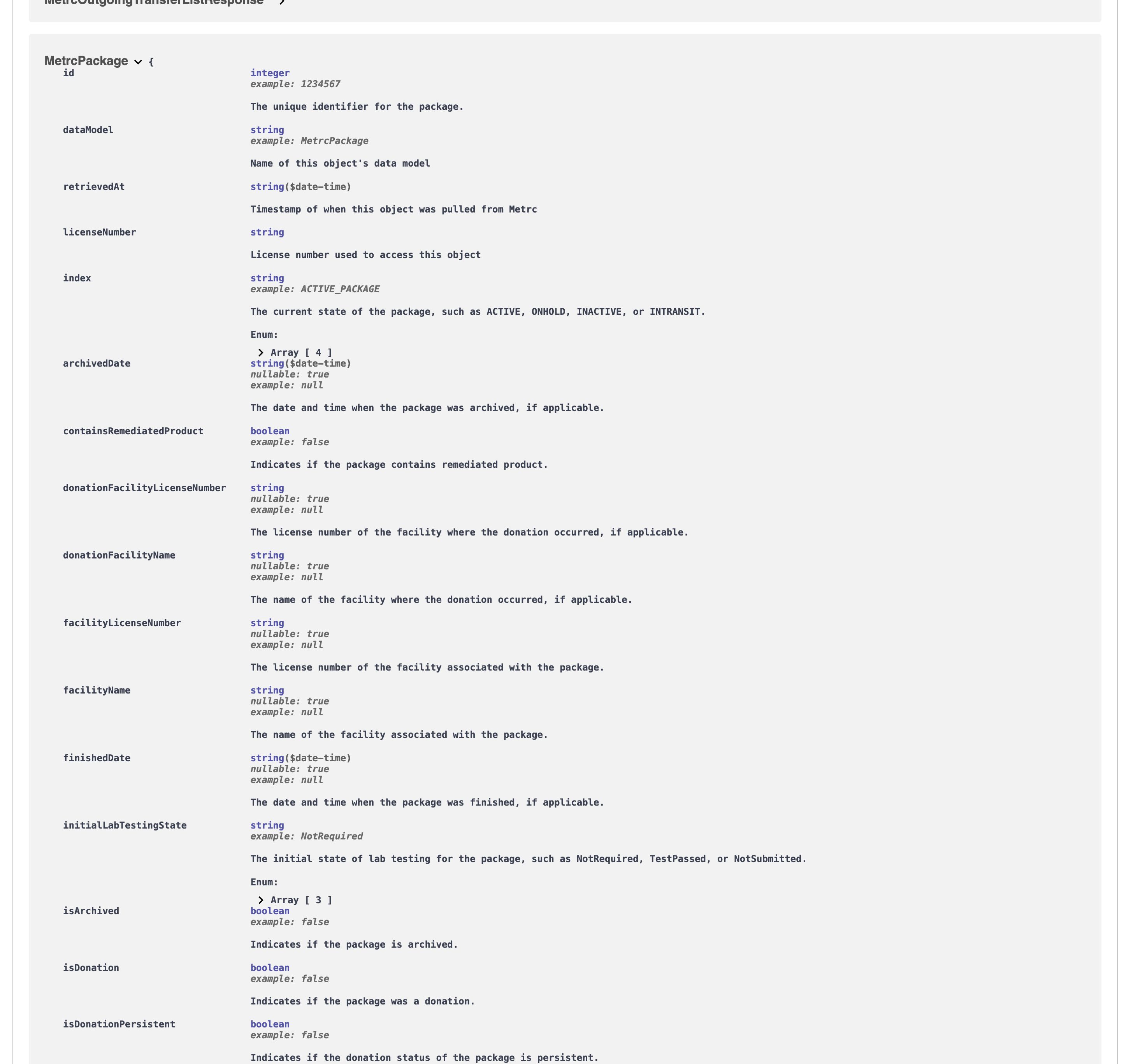 T3 API MetrcPackage schema