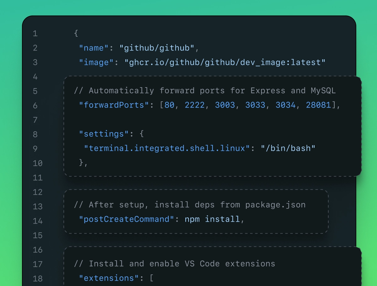 Screenshot showing a snippet of a JSON configuration file used in GitHub Codespaces. The file defines settings for a development environment, including specifying an image with the key 'image' set to ghcr.io/github/github/dev_image:latest. It also includes configurations like 'forwardPorts' for automatically forwarding specific ports (such as 80, 2222, 3003, and others), a terminal setting with the key 'terminal.integrated.shell.linux' set to /bin/bash, and a 'postCreateCommand' to run npm install after setup. The background features a gradient from green to teal.