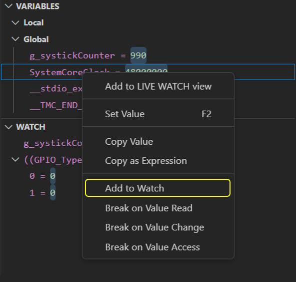 Add to WATCH context menu inside VARIABLES view