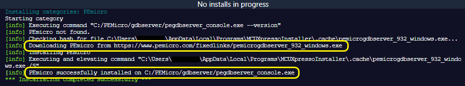 MCUXpresso Installer Console Destination Path