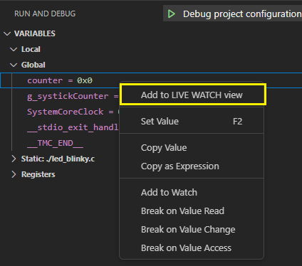 Add variable to LIVE WATCH using the VARIABLES view