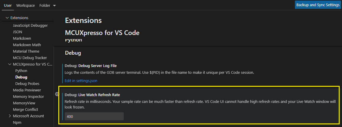 Refresh rate configured in settings page