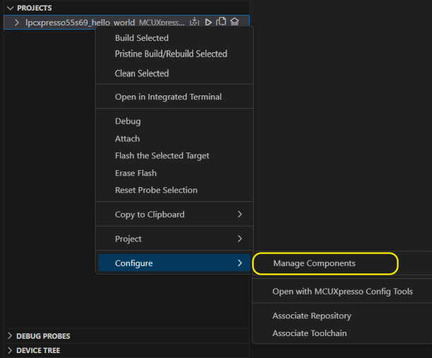 Manage components menu