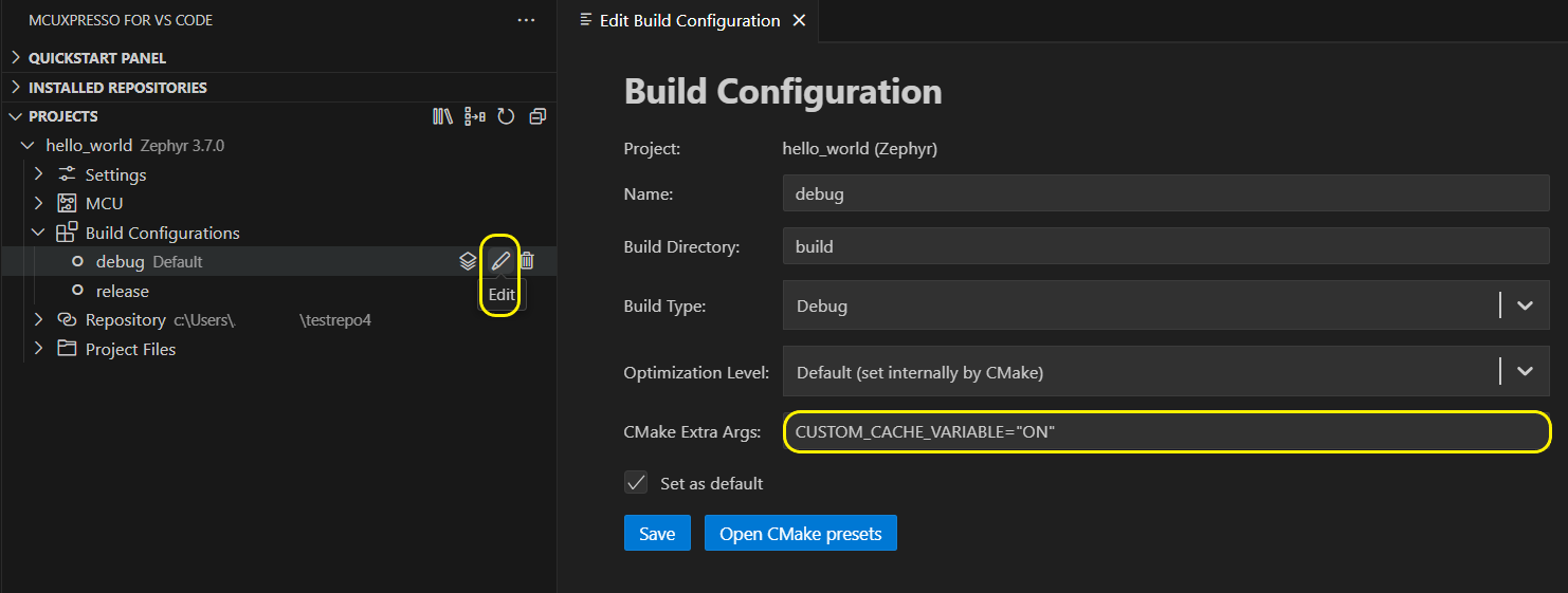 Zephyr Change Add Extra CMake Args