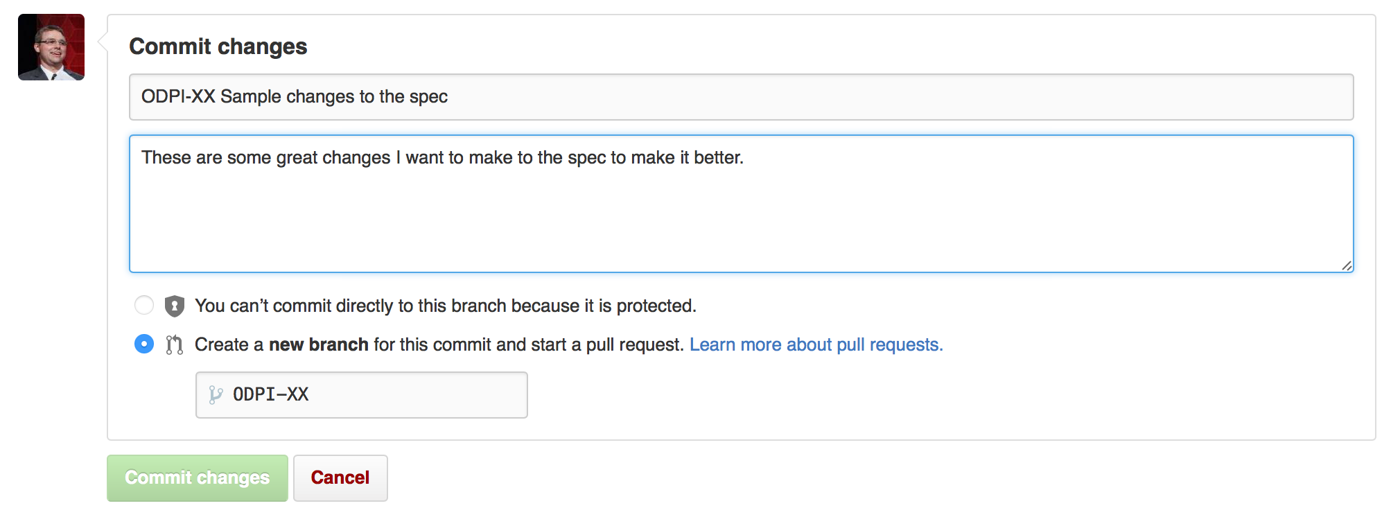 Commit Pull Request screen