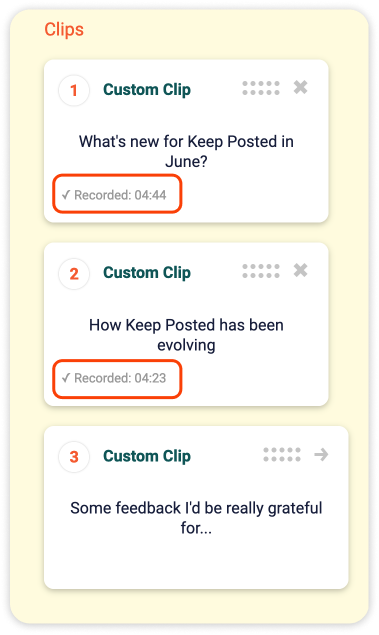 The edit sidebar showing the duration of clips that have been recorded.