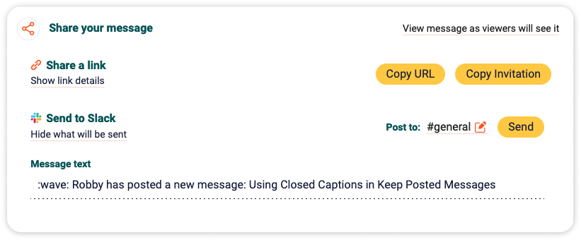 Keep Posted's message sharing interface, with Slack expanded