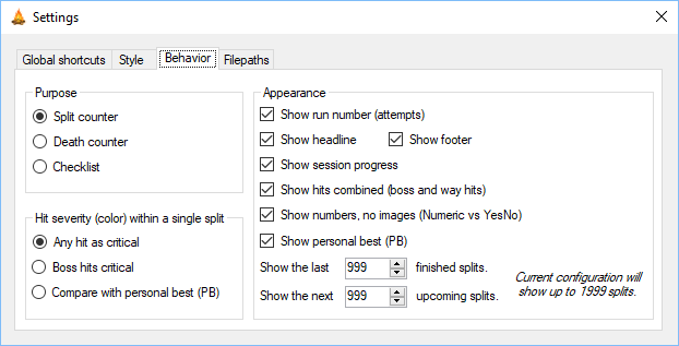 Settings window - Behavior