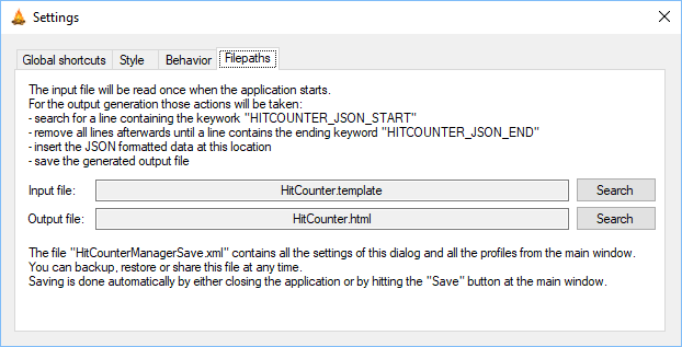 Settings window - Filepaths