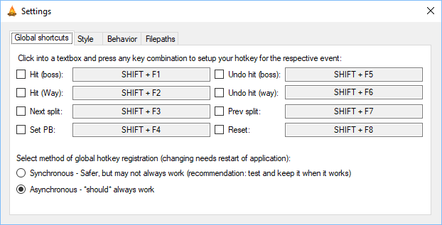 Settings window - Global shortcuts