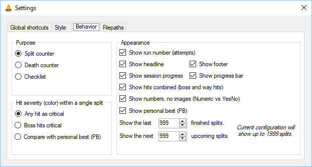 Settings window - Behavior