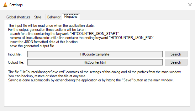 Settings window - Filepaths