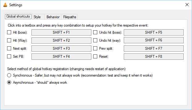 Settings window - Global shortcuts