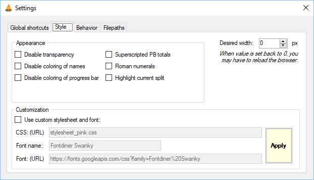 Settings window - Style