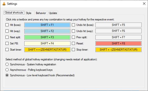 Settings window - Global shortcuts