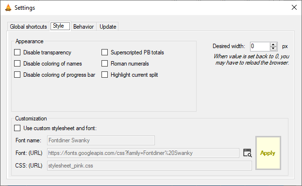 Settings window - Style